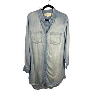 Cloth & Stone Chambray Shirt Dress, Light Blue Tencel, Frayed Hem, Relaxed Fit